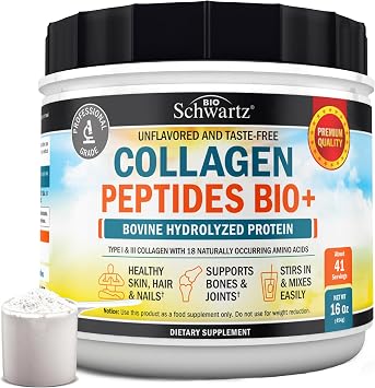 BioSchwartz Collagen Peptides Powder for Women and Men - Grass Fed Hydrolyzed Collagen Powder - Types I and III with 10g Protein for Hair, Skin, Nail, Joint Support - 41 Servings - 16oz Unflavored