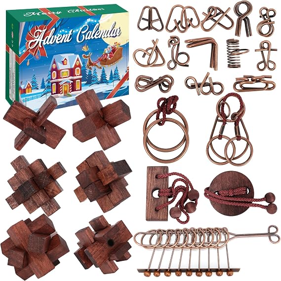 Advent Calendar 2026, Christmas Countdown Calendar Gift Box with 24 Brain Teaser Puzzles, 24 Days IQ Games Metal and Wooden Puzzles Xmas Countdown Calendar Challenge for Adults Teens Boys Girls