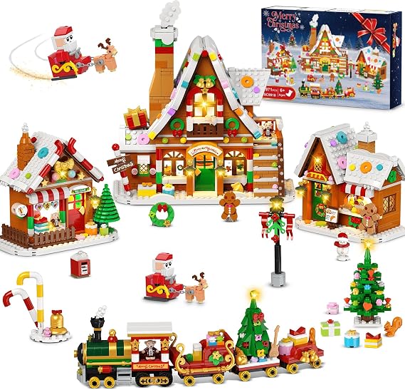 PLAXSOON Christmas Gingerbread House Village Mini Building Set with Lights, 1955 PCS Holiday Village Building Block Toy with Xmas Tree Train Santa for Home Decor, Gift for Adults Kids Girls Boys 14+