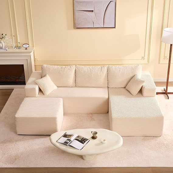 272cm U-Shaped Boneless Sofa with Ottoman, Corduroy, White