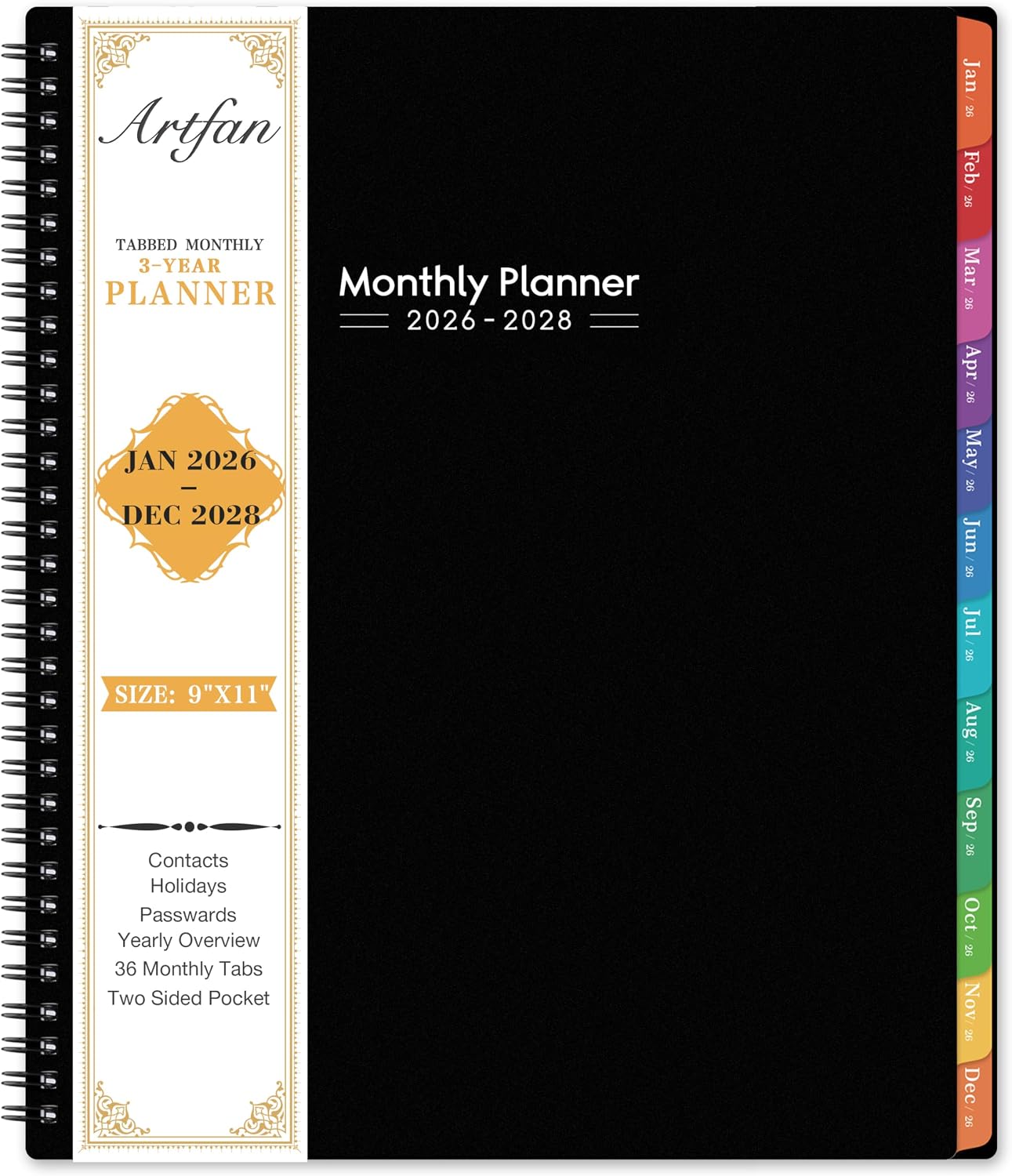 2026-2028 Monthly PlannerCalendar - 3 Year Planner 2026-2028, JAN 2026 - DEC 2028, 9 x 11, 36 Month Calendar Planner, Monthly Planners with Colorful Tabs, Inner Pocket - Black