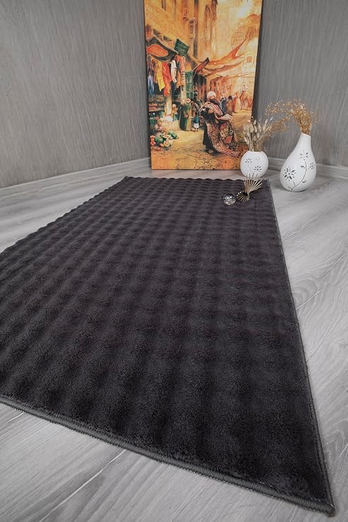 my evilla Dekoratif Bubble Uzun Tüylü Yumuşak Puffy Peluş Kaymaz Yıkanabilir Salon Koridor Halı Yolluk Antrasit 80 x 150