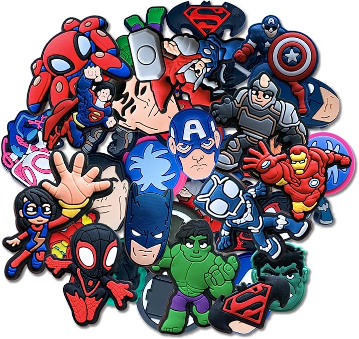 Joivoritow 20Pcs Hero Shoe Decoration Charms for Croc Clog Sandals, Cartoon Shoe Accessories Charms for Gifts, Black