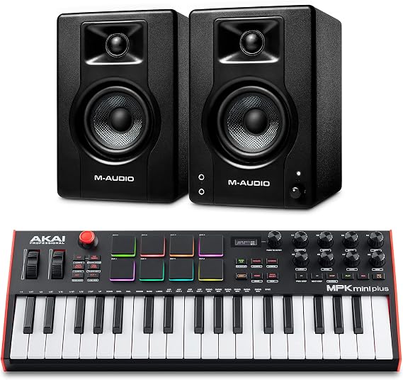 Recording Studio Package - Akai Professional MPK Mini Plus USB MIDI Keyboard Controller and M-Audio BX3 3.5" 120W Speakers, with Production Software