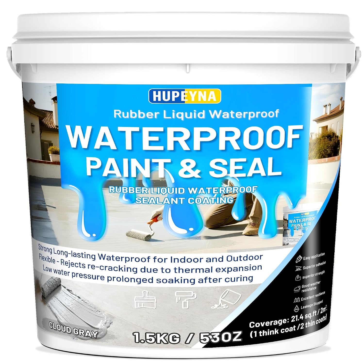 Rubber Liquid Waterproof Sealant, Waterproof Patch Seal Sealer, Cloud Gray Indoor & Outdoor Elasticity Rubber Paint, Multi Surface Foundation Leak Crack Repair-Roof Gutter Basement Water Proof Coating