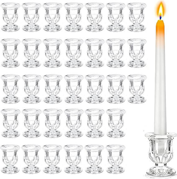 48 Pcs Clear Glass Taper Candle Holders Bulk, 2.5 Inch Small Candlestick Stands, Elegant Table Centerpieces for Wedding, Christmas, Valentines Day, Party, Home and Dining Room Decorations (Clear)