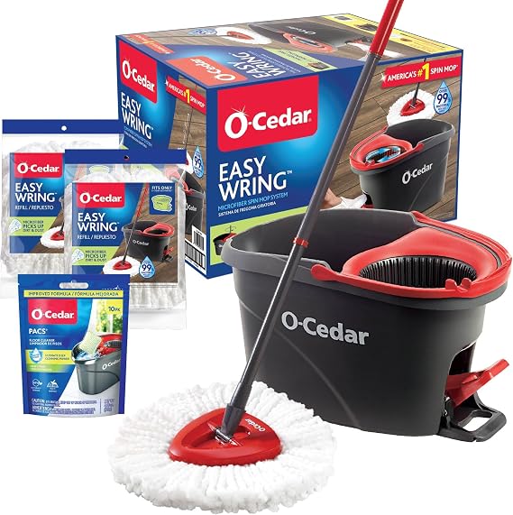 O-Cedar EasyWring Microfiber Spin Mop & Bucket Floor Cleaning System + 2 Extra Mop Head Replacements with Citrus Pac (Variety Pack)
