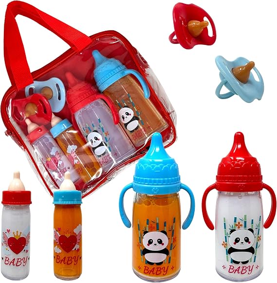 Baby Doll Bottles with Magic Disappearing Milk & Juice Playset, 6pc Pretend Baby Doll Accessories Set 4 Doll Feeding Toy Bottles and 2 Pacifiers, Great Gift for Kids, Toddlers and Little Girls