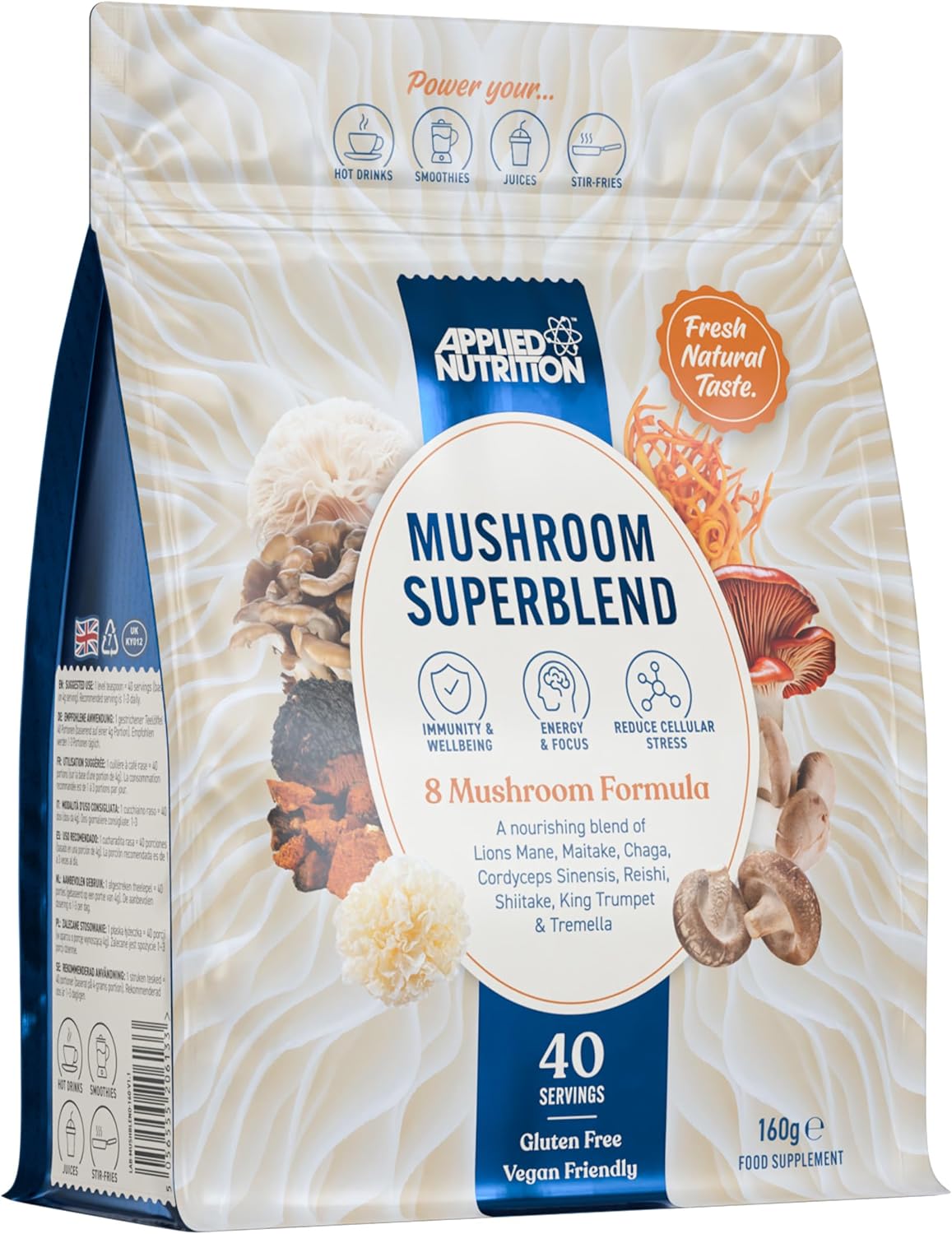 Applied Nutrition Mushroom Superblend - Lions Mane, Reishi, Chaga, Shiitake, Maitake, Tremella, Cordyceps Sinensis, King Trumpet | Vegan & Gluten Free 160g – 40 Servings