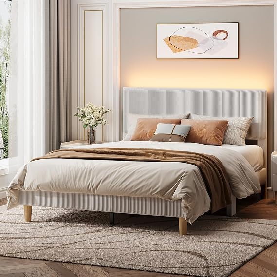 Bestier Queen Bed Frame with Headboard LED Lighting,Upholstered,Light Grey