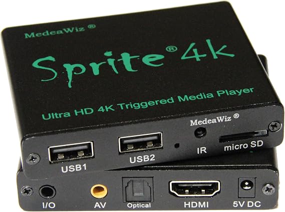 MedeaWiz DV-S4 Sprite Looping 4K Media Player Seamless Audio Video Auto Repeater 2160p 60Hz HDMI, NTSC and PAL Outputs Trigger Input and Serial Control