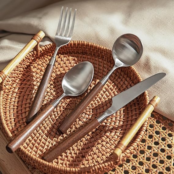 8-piece wooden handle silverware set service for 2 people, flatware set, cutlery sets, utensil set, 18/8 stainless steel home use hotel banquets Wooden Handle Spoons And Forks Set