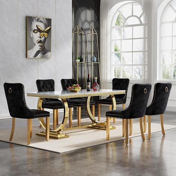 7 Piece Dining Table Set for 6, Faux Marble Gold Dining Table with 6 Fabric Dining Chair, Heavy Luxury Dining Room Table and Chairs Set for 6, 68in Imitation Marble Kitchen Table Set for 6
