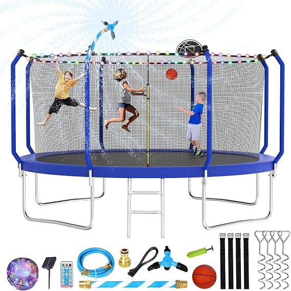 Lyromix Upgraded 8 10 12 14FT Trampoline Outdoor with Light/Sprinkler | Large Outdoor Trampoline for Kids and Adults with Basketball Hoop and Net, ASTM Approval Recreational Trampolines