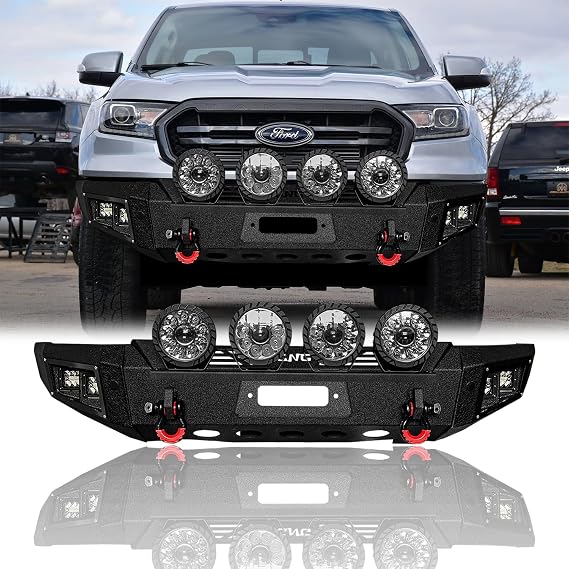 For 2019-2023 Ford Ranger Steel Front Bumper With Winch Plate&Lights(Black Texture)