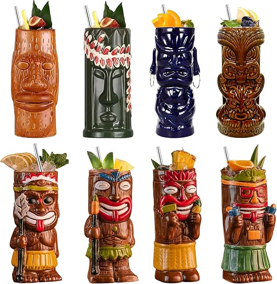 Cocktail Tiki Mugs Set Of 8 With Straws, Picks,For Hawaiian bar