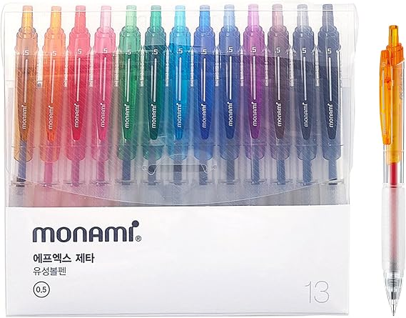MONAMI NEW FX ZETA, Retractable Ballpoint Pen, Extra-Fine Point (0.5mm), Comfortable Grip, Ultra Smooth F5 Ink, Assorted Colors, 13-Pack