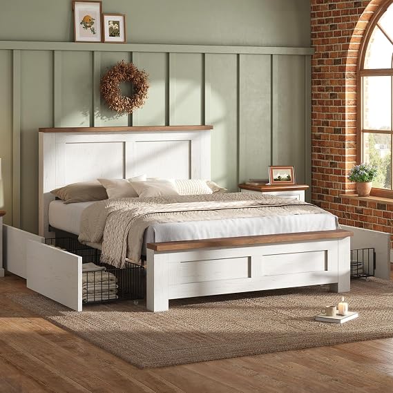 4ft6 Double Size Wooden Bed Frame with Storage Drawers, 135x190cm White