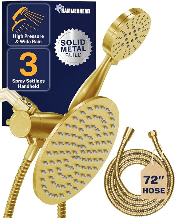 HammerHead Showers Solid Metal Dual Shower Head Combo BRUSHED GOLD 8 Inch Rainfall High Flow Shower Head & 3-Flow Handheld Shower Head High Pressure with Hose 6ft - Luxury Double Shower Heads