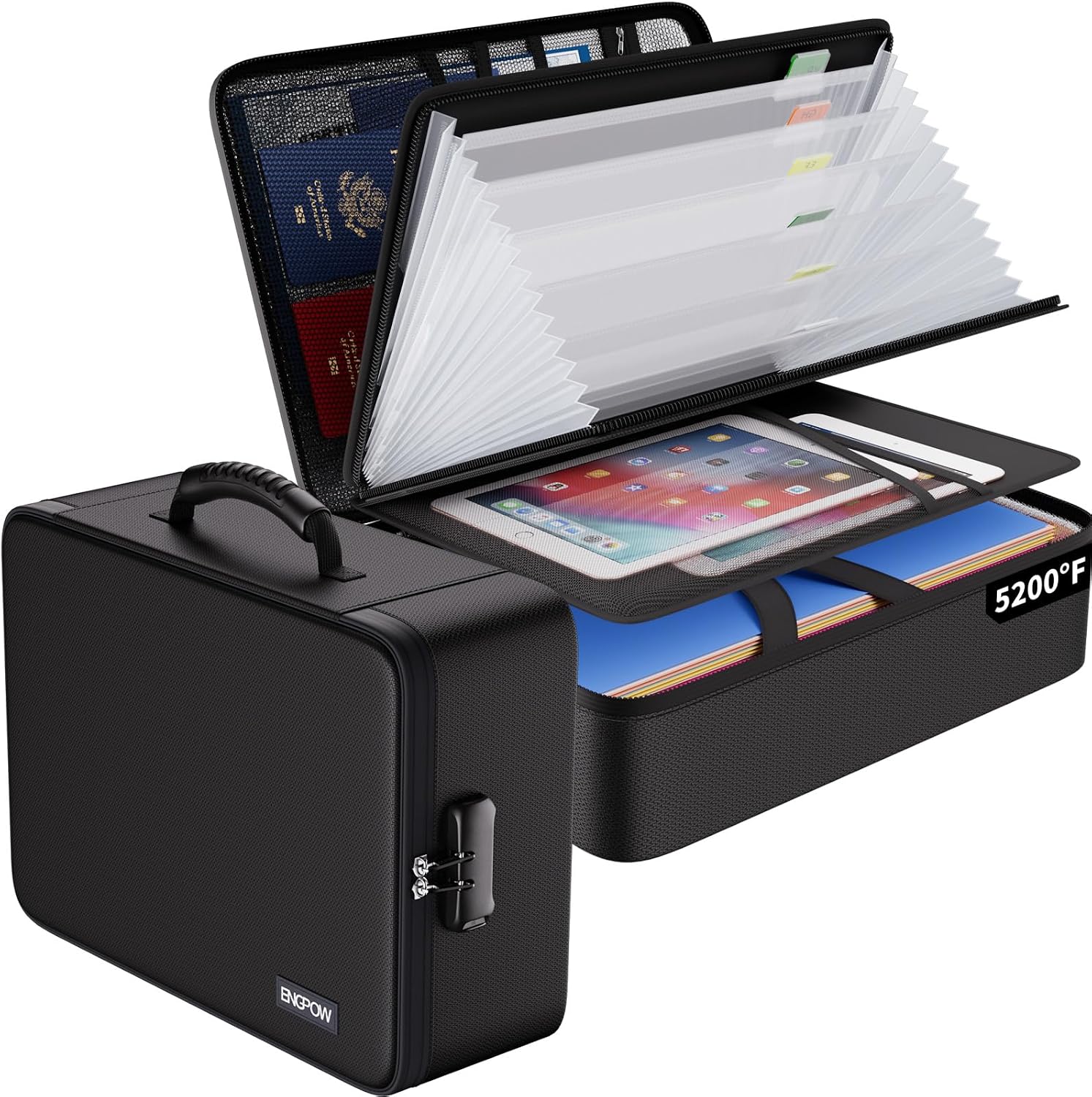 ENGPOW Fireproof Document Box,5200℉ Document Bag,38.5x28.5x11cm File Organiser with 7 Pockets,Multi-Layer Waterproof & Fireproof Safe Storage Box for A4 Documents,Passport,Card