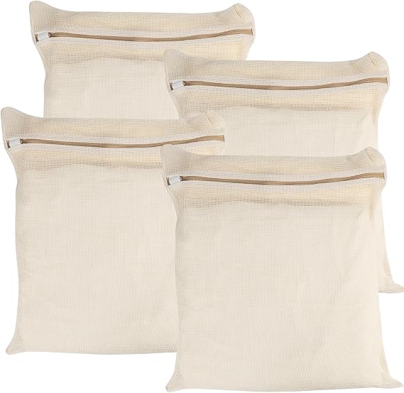 4 Piece Large Durable Organic Cotton Mesh Laundry Bags with Sturdy Zippers and Breathable Mesh are Delicate Laundry Bags for Underwear Clothes Pants and Socks