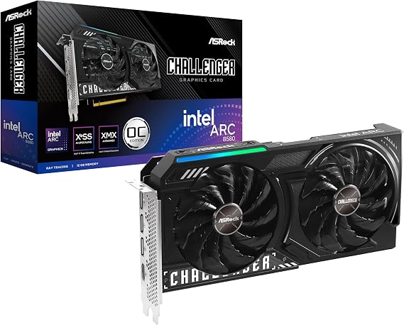 ASRock Intel Arc B580 Challenger 12GB OC Graphics Card, 2740 MHz GPU Clock, 12GB GDDR6, DisplayPort 2.1, HDMI 2.1a, Dual Fan Cooling, 0dB Silent Operation