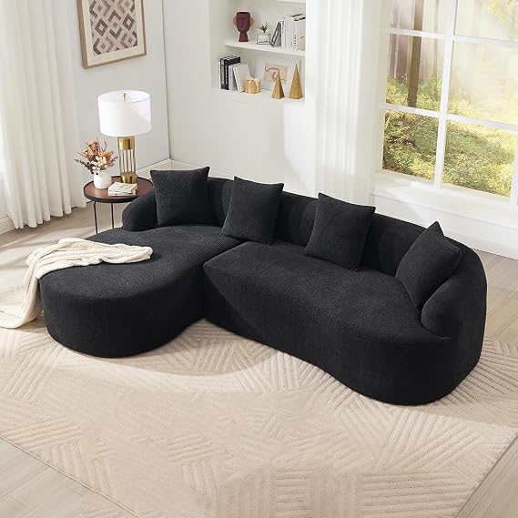 Yozma L Shaped Sofa, Sectional Sofa, Modular Couch, Chenille L Sofa with Curved Chaise, Black Boneless Floor Couch with 30D High Density Foam, 4 Pillows, for Living Room Bedroom Apartment Lounge