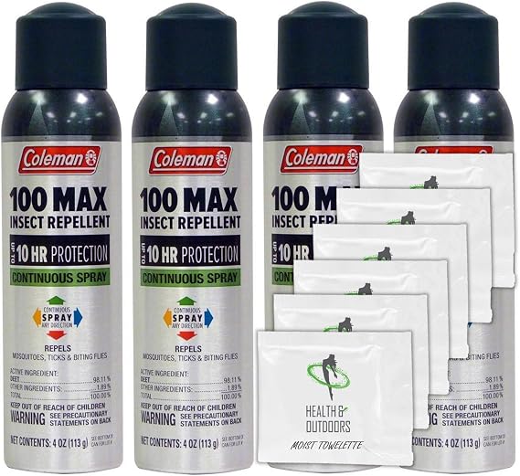 Coleman Max 100% Deet Insect Repellent - 4 oz Continuous Spray - Pack of 4 - w/ (6) Healthandoutdoor Hand Wipes