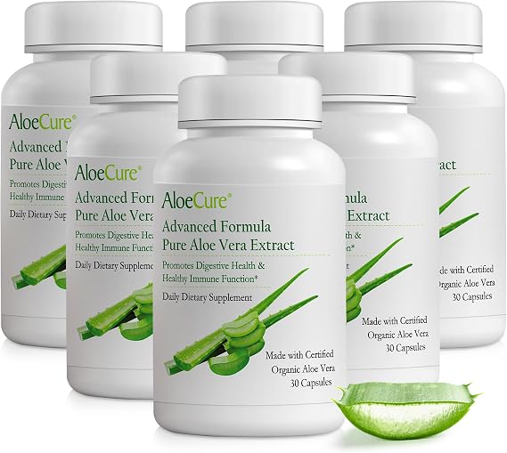 Aloe Vera Capsules for Gut Health & Digestive Comfort 30ct x 6btl | Vegan, non-GMO inner leaf extract, made with organic aloe vera. Aloin Free stomach acid buffer, natural immune supplement.