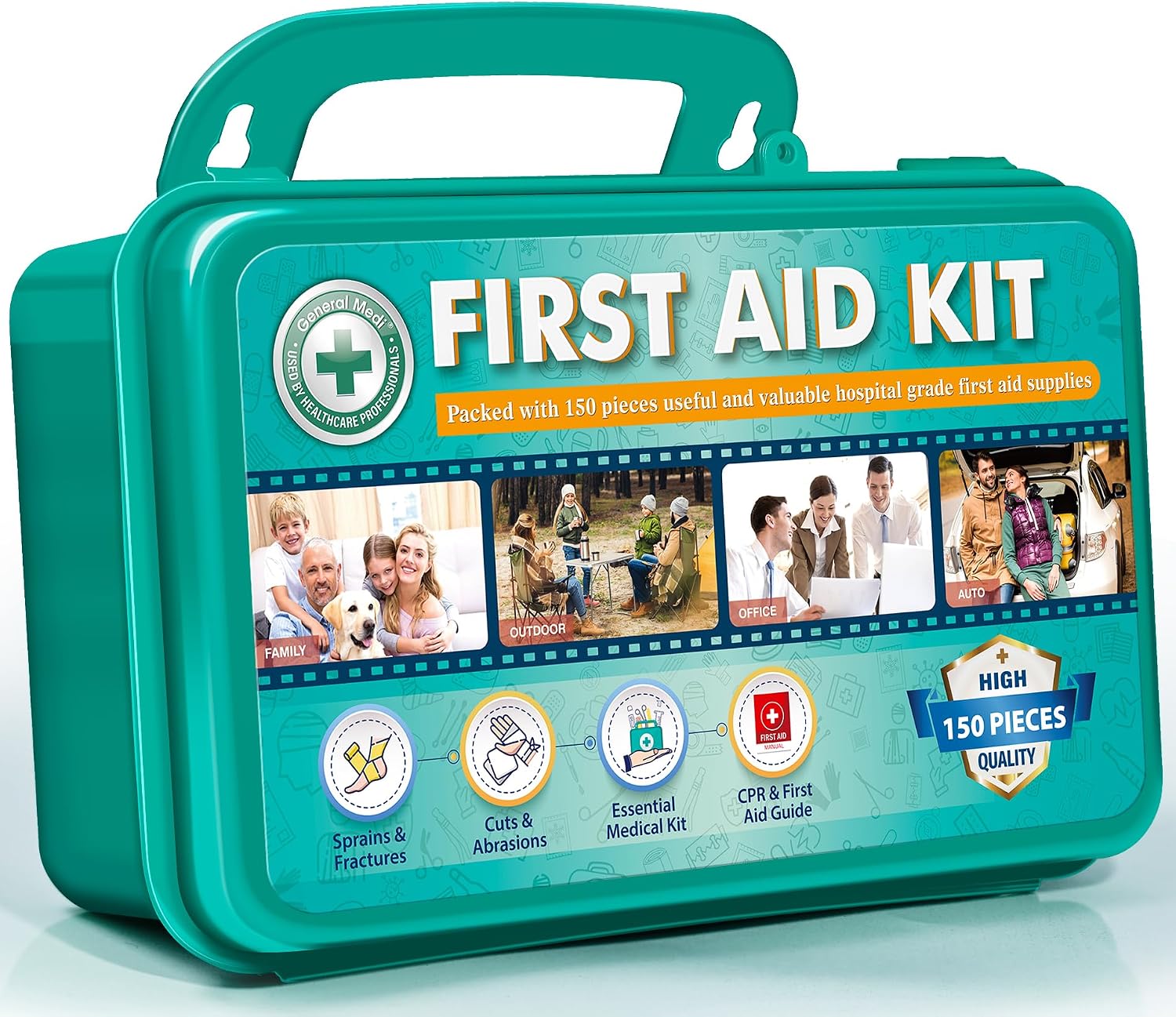 General Medi 150 Pieces Hardcase First Aid Kit - Includes Instant Cold Pack, Emergency Blanket for Travel, Home, Office, Vehicle, Camping, Workplace