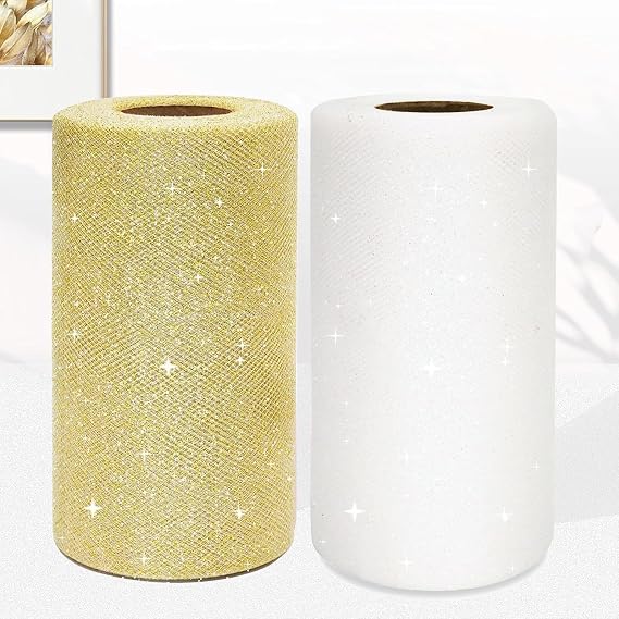 2PCS Glitter Tulle Rolls 6 Inch by 50 Yards Sparkle Tulle Fabric (White, Gold)