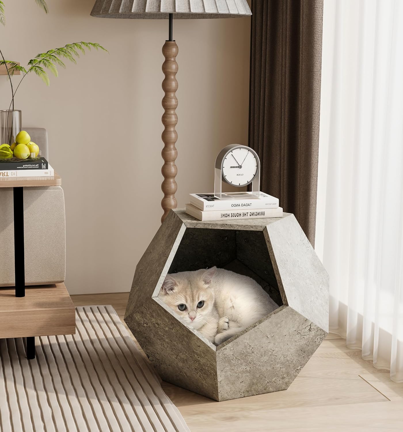 25.98L Cat House Cat Kennel Side Table for Living Room Bedroom, Wood Modern Pet Furniture for LargeMediumSmall Cat, Wood Side Table wStorage Space & Tabletop for Living Room Bedroom, Grey