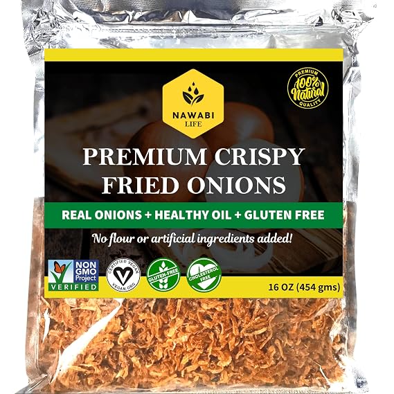 Crispy Fried Onions | 100% Natural Non-GMO | Gluten Free | KETO Friendly | No Sodium | Low Carb | Resealable Bag | 16 oz | By Nawabi Life