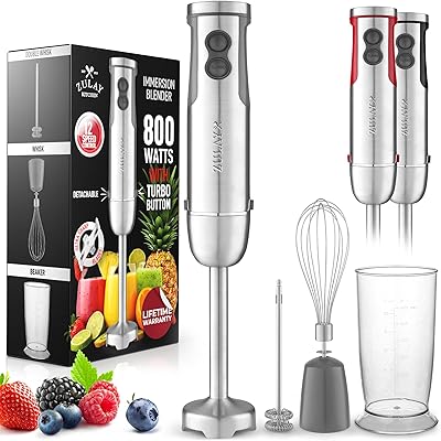 Zulay 4-in-1 Immersion Stick Mixer Hand Blender - 800 Watts, 12 Speeds, 5-ft Power Electric Cord, Handheld Portable, Stainless Steel Blades - With Whisk, Frother & Stick Blender Attachments - Gray