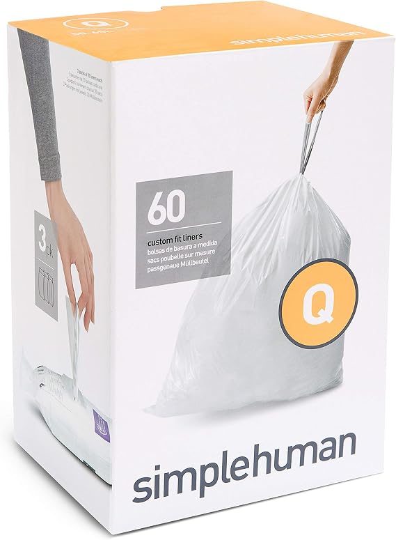 simplehuman Code Q Custom Fit Trash Can Liner, 3 refill packs (60 Count), 50-65 Liter / 13-17 Gallon