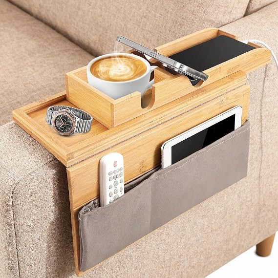 Bamboo Sofa Arm Tray, Foldable Couch Tray Wooden Armrest T-ray, Non-Slip Armrest Organizer, Sofa Side Table with Detachable T-ray, Cup Holder & Side Pocket for Drinks, Snack, Magazine