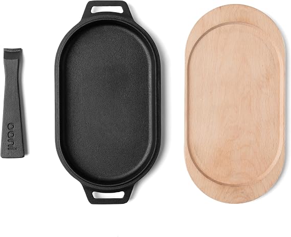 ooni Cast Iron Sizzler Pan - Griddle Frying Pan, 12" x 6" Sizzler Plate with Removable Handle and Bamboo Trivet, Pre-Seasoned Non-Stick Oven Safe Cookware, Pizza Oven and BBQ Accessories