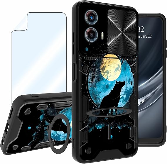 for Moto G 2023 Case with Screen Protector Kickstand Ring Holder Wolf Howling Theme Design Phone Case for Motorola Moto G 2023 Case Shockproof Lens Cover