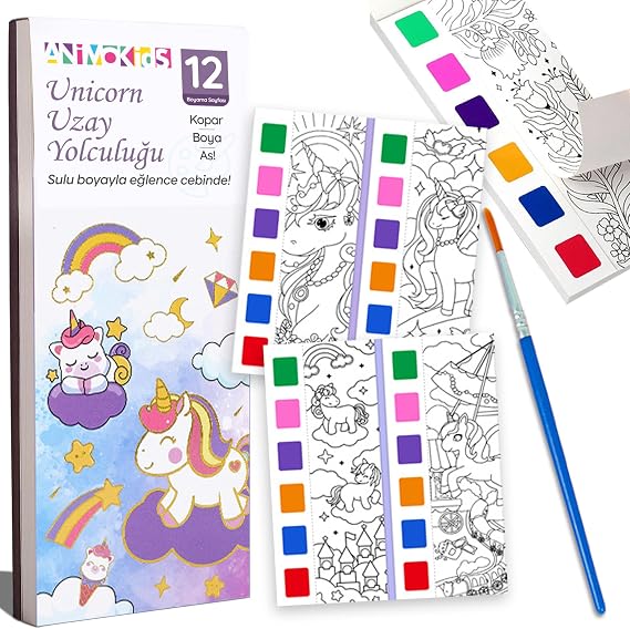 Animokids Renk Paletli Sulu Boya Kitabı + Fırça, 12 Sayfa Boyama Kitabı, Aktivite Boyama Seti, Çocuklar için Yeni Nesil Sulu Boya Defteri (Unicorn)