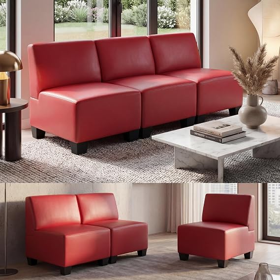 Modular 3 Seater Sofa Bed Faux Leather Lyon Design Red Arms: Without Arms