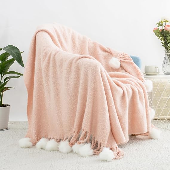 Pink Pom Pom Throw Blanket for Couch, 60"X80" Soft Lightweight Knitted Farmhouse Decorative Blankets for Bed and Sofa