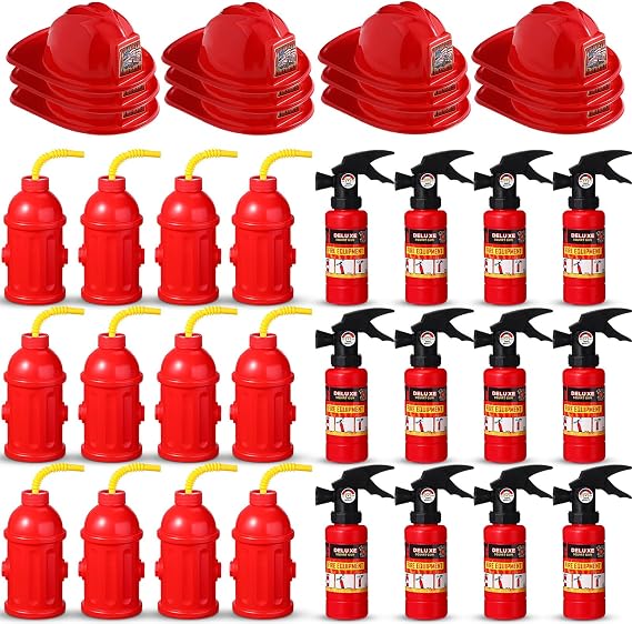 Liliful 36 Pcs Fireman Birthday Party Supplies Including 12 Firefighter Helmet 12 Fire Hydrant Cups with Lids 12 Fire Extinguisher Squirt Toys for Fire Theme Party Supplies