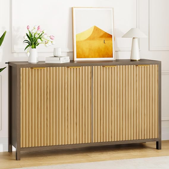 Fluted Buffet Cabinet with Storage, 55" Sideboard Cabinet with 4 Doors, Modern Credenza Accent Console Cabinet Coffee Bar Table for Living Room Dining Room Hallway, Coffee and Yellow