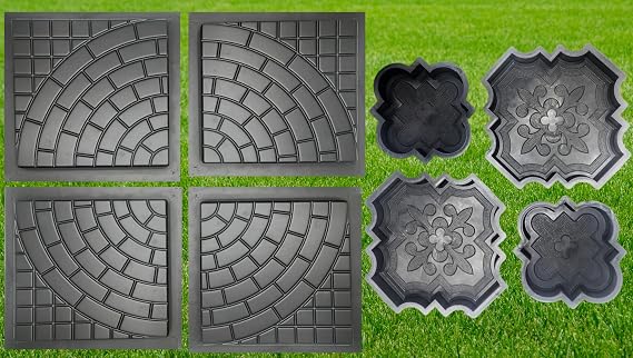 4 pcs Beautiful Plastic Form Big Pathmaker Concrete Molds & 4 pcs Concrete Set Patio Paving Molds