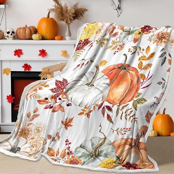 Fall Pumpkin Blanket, Orange Autumn Watercolor Pumpkins with Floral Maple Leaf Fall Blankets and Throws, Thanksgiving Harvest Blankets for Living Room Couch Bed Chair, 60X80IN