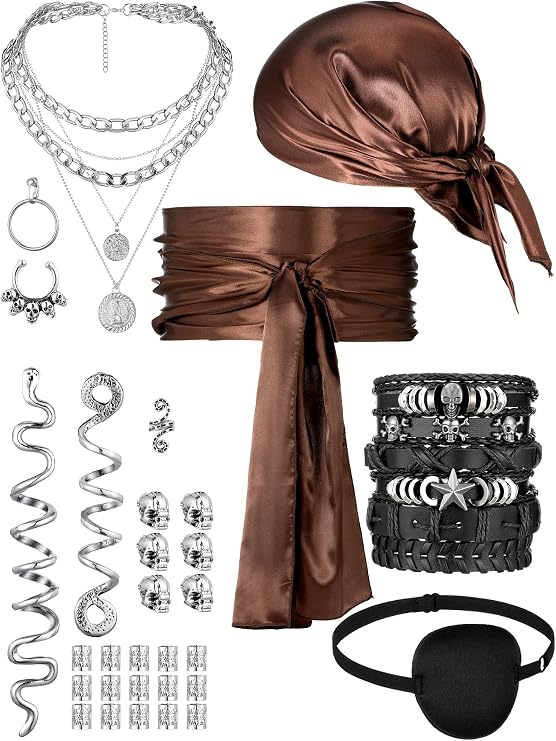 Fourluoo 31 Pieces Pirate Costume Women Rave Accessories Pirate Hat Head Scarf Sash Belt Necklace Earrings for Cosplay Party