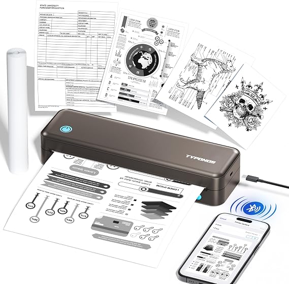 Portable Printers Wireless for Travel, D820 Thermal Inkless Printer Support Sizes from 8.5" x 11" to 2" Width, Suitable for Smartphone & PC, Bluetooth Printers for Home Use(Brown, 1Pack)