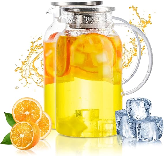 Round Glass Pitcher with Lid & Spout, 2 Pack 1.8L 60 Oz – Water Pitcher with Handle for Fridge, Brosilicate Glass Carafe Hot & Cold Drink, Large Jug for Icead Tea Coffe Juice, Jarra De Vidrio Con Tapa