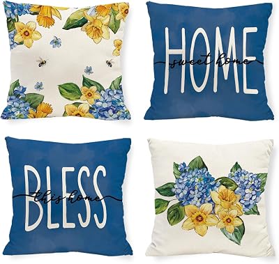 Spring Summer Blue Hydrangea Pillow Covers Sweet Home 18 x 18 Inch Throw Pillows, Bless This Home Daffodils Seasonal Decorative Farmhouse Cushion Case for Sofa Couch Set of 4