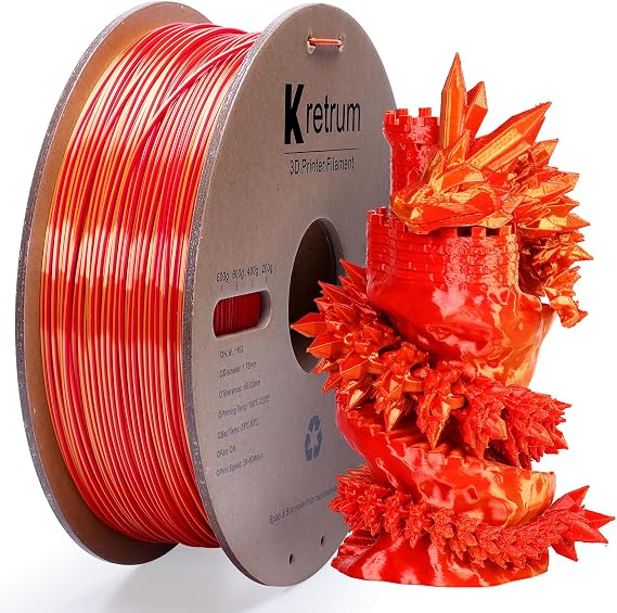 Kretrum Silk PLA Dual Color 3D Printer Filament Color Changing 1.75mm Silk PLA Printer Filament 1.75mm Multicolor 1kg /2.2lbs Spool Red & Gold